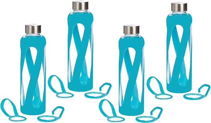 1, 2, 3, 4- PACKS - 20 oz Leak Proof, Reusable Pure Borosilicate Tempered Glass Water Bottle, Non-Slip Silicone Sleeve, 2 Attachments: Loop and Hook, Free of BPA, BPS, BPF, PVC, Phthalates