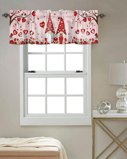 Vandarllin Valentines Day Decor Valances Kitchen Curtains for Windows, Valentine's Hearts Gnomes Love Tree Rod Pocket Valances Red Roses Short Curtains for Bedroom/Living Room,54" X 18" -1 Panel