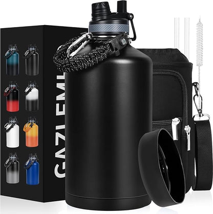 1 Gallon Water Bottle Insulated, Leak Proof 128 oz Stainless Steel Water Jug with Straw/Spout 2-in-1 Lid, Sleeve, Paracord Handle, Silicone Boot, One Gal Metal Canteen for Gym Sport Camping