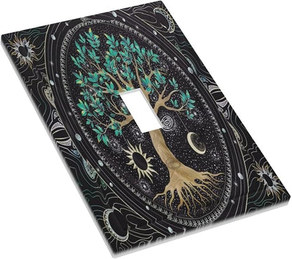 Tree of Life Blackground 1 Gang Light Switch Cover Decorative Hippie Sun Moon Star Single Toggle Wall Plate Switchcovers Electrical Switchplate Home Decor for Bathroom Living Room Bedroom Decorate