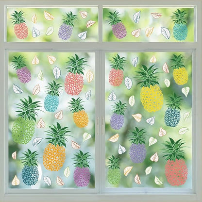 Watercolor Pineapple Window Stickers Cute Fruit Pineapple Plant Leaf Window Stickers Kitchen Kids Bedroom Living Room Dining Room Self-Adhesive PVC Removable Home Decor Wall Stickers Wallpaper