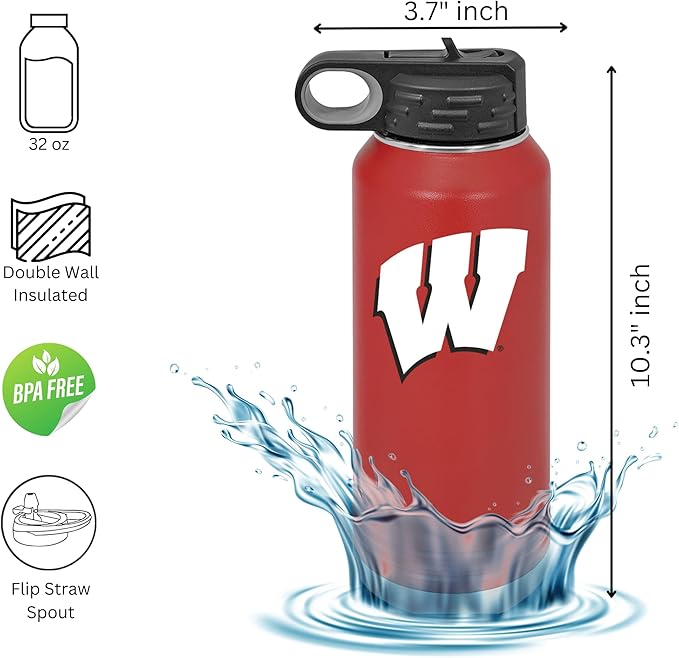 University of Wisconsin 32oz Stainless Steel Double Walled Red Beverage Bottle with Flip Straw Spout - College Gear for Playoff Season – For Office, Home or Auto – Show your Badgers Pride