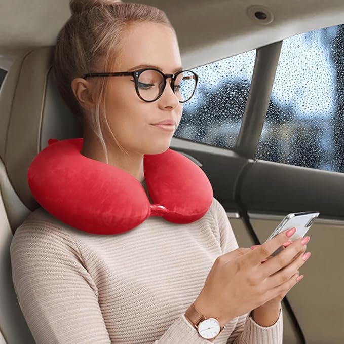 Travel Neck Pillow Airplane, Soft Memory Foam Support Head Neck Chin, with Removale Cover and Adjustable Snap Button, Comfortable Sleeping in Plane Car Train Traveling Office Home, Red