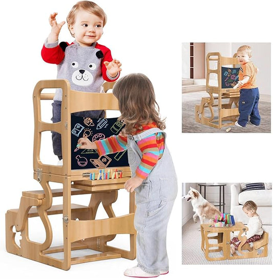 Toddler Standing Tower, Kid Step Stool Kitchen Stool Helper-Montessori with Chalkboard,3 in1 Folding Kitchen Tower Stool with Back, Learning Wooden Tower for Kitchen, Free Hands, Easy Assembly