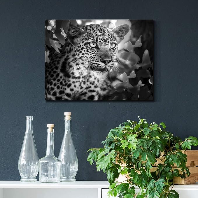 Renditions Gallery Canvas Animal Wall Art Home Paintings & Prints Vintage African Leopard Modern Black & White Safari Wall Hanging Artwork Decor for Bedroom Office Kitchen - 8"x12" LT33