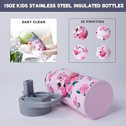 15oz Flamingo Ballet Insulated Stainless Steel Water Bottle With Straw & Brush, Christmas Birthday Gifts for School - Hand Wash Only