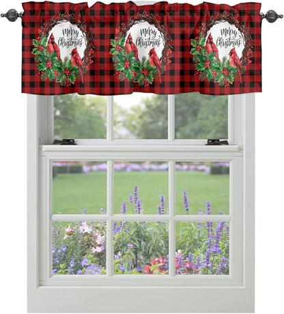 Vandarllin Merry Christmas Kitchen Curtains Valances for Windows Winter Cardinal Holly Berries Rod Pocket Window Treatment for Kitchen/Living Room/Bedroom/Bathroom,60" X 18" -1 Panel, Red Black Plaid