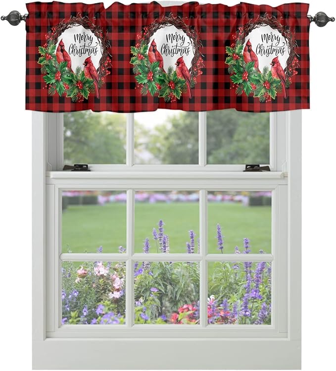 Vandarllin Merry Christmas Kitchen Curtains Valances for Windows Winter Cardinal Holly Berries Rod Pocket Window Treatment for Kitchen/Living Room/Bedroom/Bathroom,42" X 18" -1 Panel, Red Black Plaid