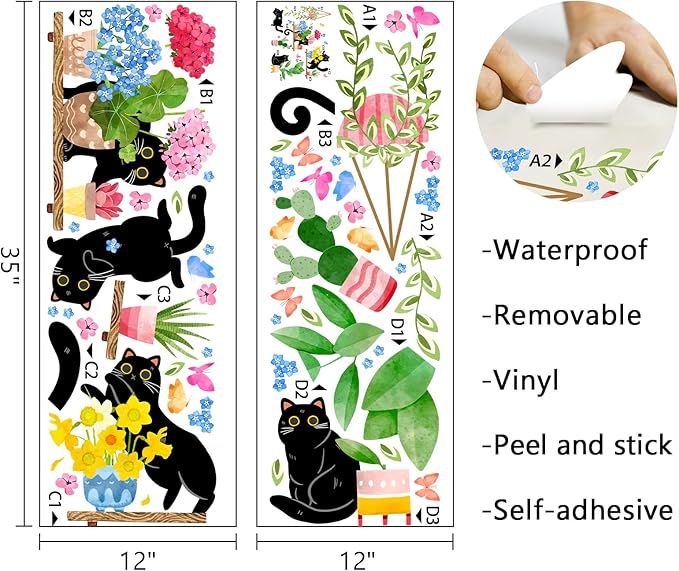 Mfault Spring Summer Potted Plant Black Cat Wall Decals Stickers, Kitty Geranium Flower Cactus Bonsai Vine Decoration Bedroom Art, Floral Succulent Botanical Seasonal Home Kitchen Decor Party Supplies