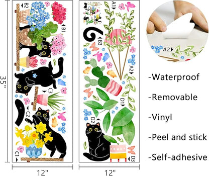 Mfault Spring Summer Potted Plant Black Cat Wall Decals Stickers, Kitty Geranium Flower Cactus Bonsai Vine Decoration Bedroom Art, Floral Succulent Botanical Seasonal Home Kitchen Decor Party Supplies