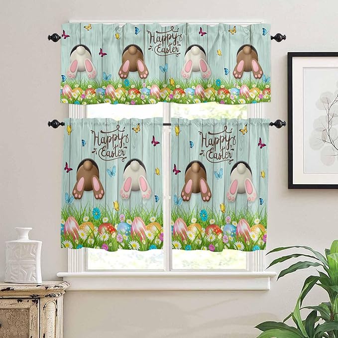 Vandarllin Spring Easter Kitchen Curtains and Valances Set, Funny Bunny Tails Rabbit Window Tiers Floral Farmhouse Half/Short Curtains for Small Windows Cafe/Living Room/Bedroom 54x 36 in