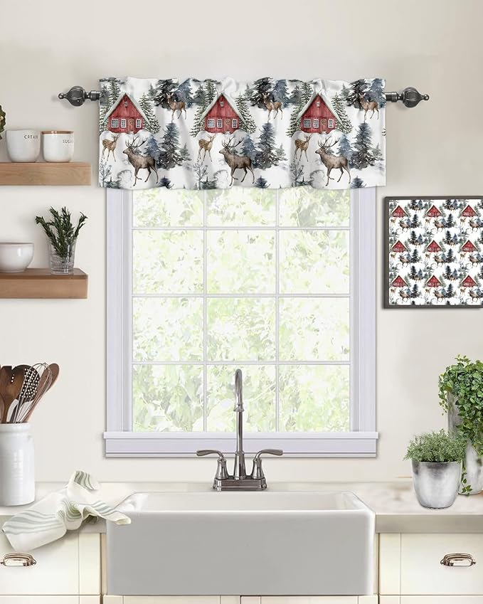 Vandarllin Christmas Kitchen Curtains Valances for Windows Red Farmhouse Barn Rod Pocket Window Treatment for Kitchen/Living Room/Bedroom/Bathroom,42" X 18" -1 Panel, Elk