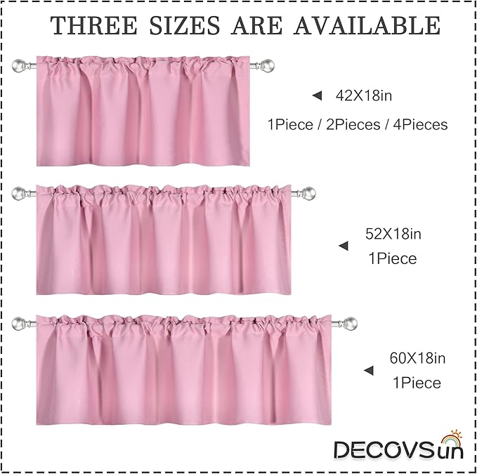 4 Panels Baby Pink Valance for Windows 42x18 Inch Solid Thermal Insulated Blackout Rod Pocket Kitchen Short Curtain Toppers Valance for Bathroom Living Room