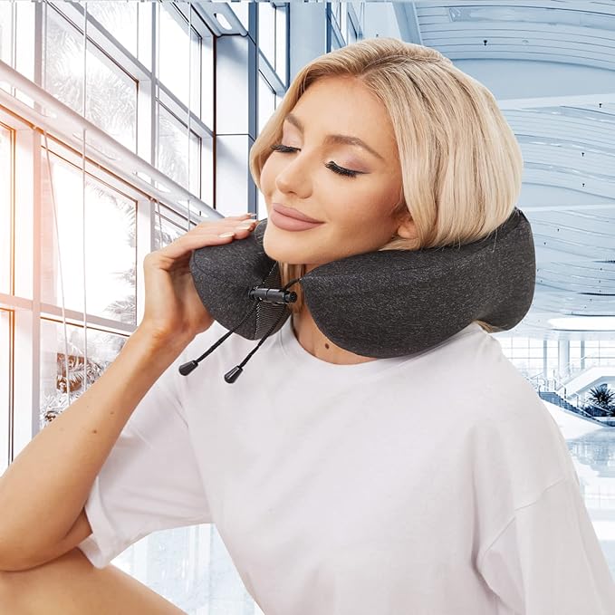 Travel Pillow, Best Memory Foam Neck Pillow Head Support Soft Pillow for Sleeping Rest, Airplane Car & Home Use (Black-E)