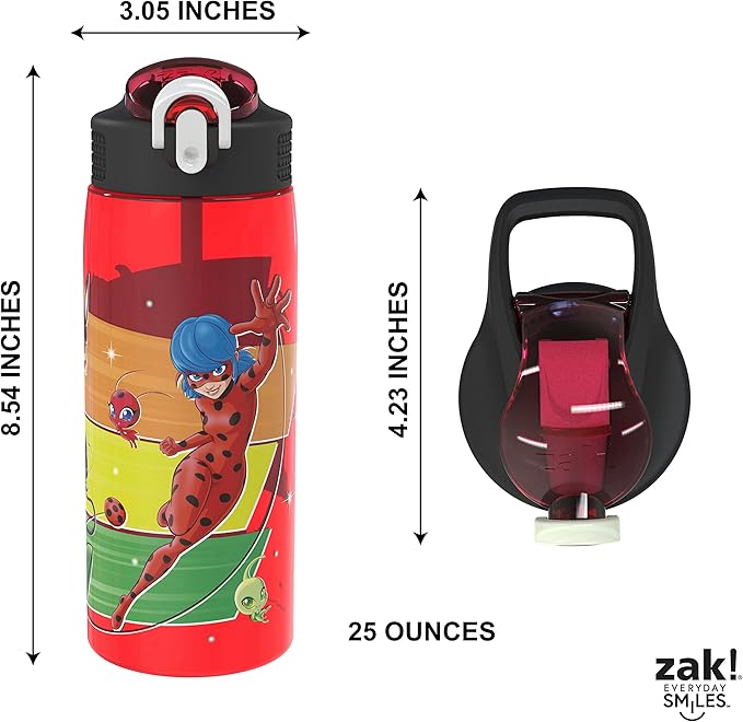 Zak Designs Miraculous Ladybug Water Bottle For School or Travel, 25 oz Durable Plastic Water Bottle With Straw, Handle, and Leak-Proof, Pop-Up Spout Cover