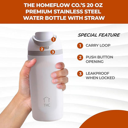 The HomeFlow Co.'s 20 oz Water Bottle with Straw - Leakproof Stainless Steel BPA-Free Water Bottle, Double Walled & Vacuum Insulated (White & Grey)