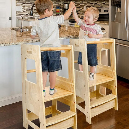 Toddler Kitchen Stool, Toddler Tower with Safety Rail, Toddler Stool for Kitchen Counter, Adjustable Height Little Helper Tower, Kitchen Stool for Toddlers 18 Months and Older, Natural Color