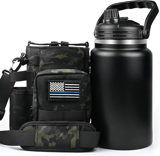 1 Gallon Insulated Water Bottle with Sleeve - 128 Oz Stainless Steel Water Jug with Handle - Wide Mouth Water Flask with Camo Tactical Carrying Bag for Outdoors, Sport, Gym, Hiking