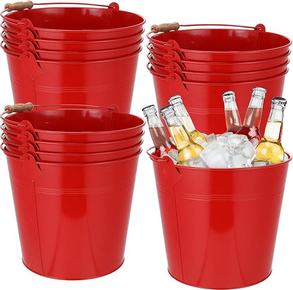 12 Pcs Large Galvanized Metal Buckets with Handle 10 Inch Heavy Duty Stainless Steel Pails Round Pail for Party Wedding, Crafts, Utensils, Table Centerpieces (Red)