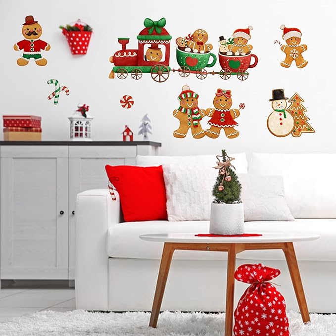 Yovkky Christmas Gingerbread Man Wall Decals Stickers, Xmas Snowman Santa Claus Winter Home Bedroom Decor, 2025 New Year Candy Cane Peppermint Cookie Kitchen Living Room Decorations Art Holiday Gift