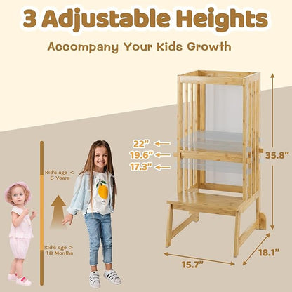 3 in 1 Kids Kitchen Step Stool with Chalkboard & Whiteboard, Toddler Kitchen Stool Helper Adjustable Standing Tower for Toddlers 18 Months and Older, Safety Anti-Slip Protection, Natural