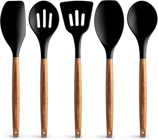 Zulay Kitchen Utensils Set Non-Stick Silicone Cooking Utensils Set with Authentic Acacia Wood Handles - 5 Piece Silicone Utensil Set - Silicone Kitchen Utensils Set with 464°F Heat Resistance - Black