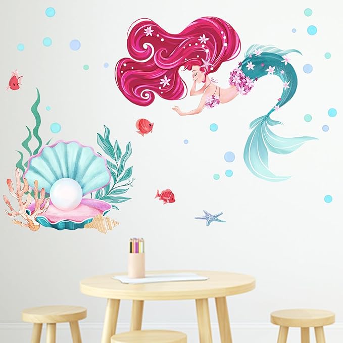 Mfault Mermaid Under The Sea Wall Decals Stickers, Shell Pearl Ocean Creatures Marine Life Nursery Decoration Girls Bedroom Art, Coastal Beach Bubble Fish Coral Toddler Kids Room Playroom Home Decor