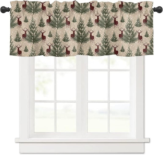 Vintage Christmas Window Valance for Kitchen Living Room, Retro Style Window Curtain for Bedroom Bathroom, Christmas Reindeer Window Valance Rod Pocket Window Treatment, Christmas Decor, 54" W x 18" L