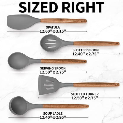 Zulay Kitchen Utensils Set Non-Stick Silicone Cooking Utensils Set with Authentic Acacia Wood Handles - 5 Piece Silicone Utensil Set - Silicone Kitchen Utensils Set with 464°F Heat Resistance - Gray