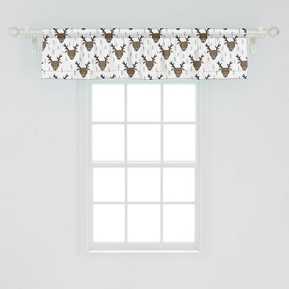 Ambesonne Landscape Window Valance, Winter Woods Theme Pattern of Deer Heads with Antlers and Fir Trees, Curtain Valance for Kitchen Bedroom Decor with Rod Pocket, 42" x 12", White Sepia Dark Taupe