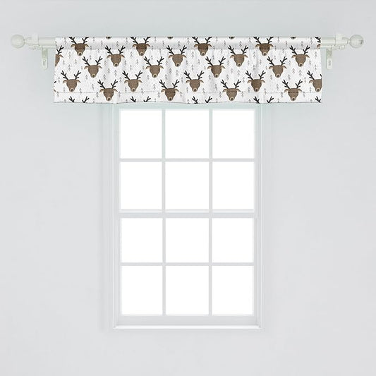 Ambesonne Landscape Window Valance, Winter Woods Theme Pattern of Deer Heads with Antlers and Fir Trees, Curtain Valance for Kitchen Bedroom Decor with Rod Pocket, 42" x 12", White Sepia Dark Taupe