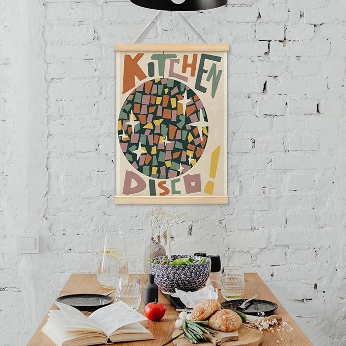 BIWSHA Kitchen Disco Posters Retro Preppy Disco Ball Canvas Poster Framed Hanger 12x16 Inch，Trendy Funny Disco Poster Framed with Wood Hanger for Home Kitchen