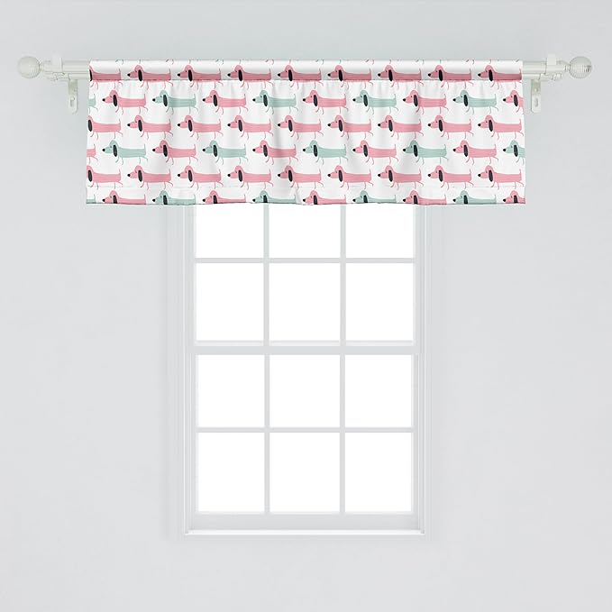 Ambesonne Dachshund Window Valance, Pattern with Funny Cartoon Sausage Dogs, Curtain Valance for Kitchen Bedroom Decor with Rod Pocket, 42" x 18", Seafoam Pink