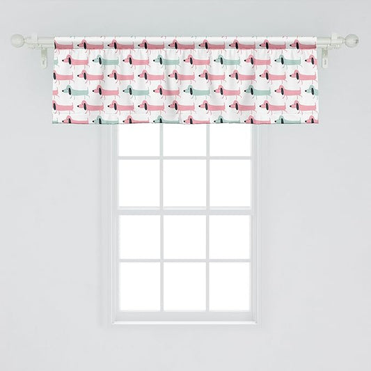 Ambesonne Dachshund Window Valance, Pattern with Funny Cartoon Sausage Dogs, Curtain Valance for Kitchen Bedroom Decor with Rod Pocket, 42" x 18", Seafoam Pink