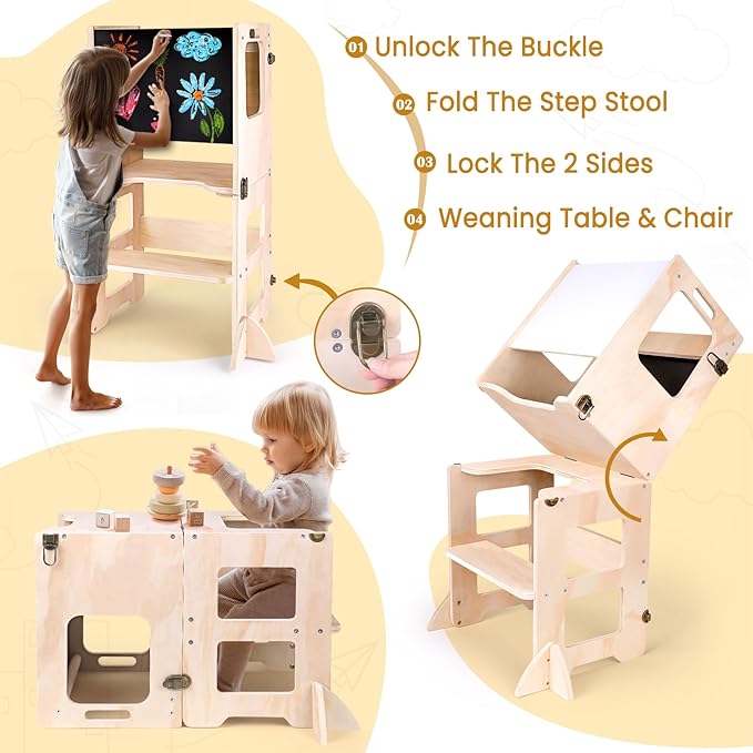 4-in-1 Toddler Kitchen Step Stool, Foldable Learning Standing Tower with Black&White board, Wooden Kitchen Stool Helper for Kids, 1-3 Year Old Boy Girl Gifts