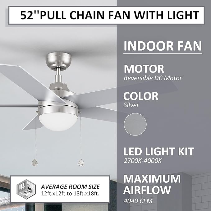 52 Inch Silver Pull Chain Ceiling Fan with LED Light, 3-color LED Light Adjustable, 5 Speeds Quiet Reversible DC Motor, 5 Plywood Blades Modern Ceiling Fan for Living Room, Bedroom, Kitchen