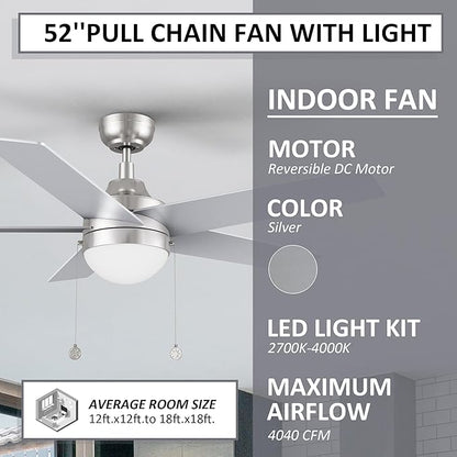 52 Inch Silver Pull Chain Ceiling Fan with LED Light, 3-color LED Light Adjustable, 5 Speeds Quiet Reversible DC Motor, 5 Plywood Blades Modern Ceiling Fan for Living Room, Bedroom, Kitchen