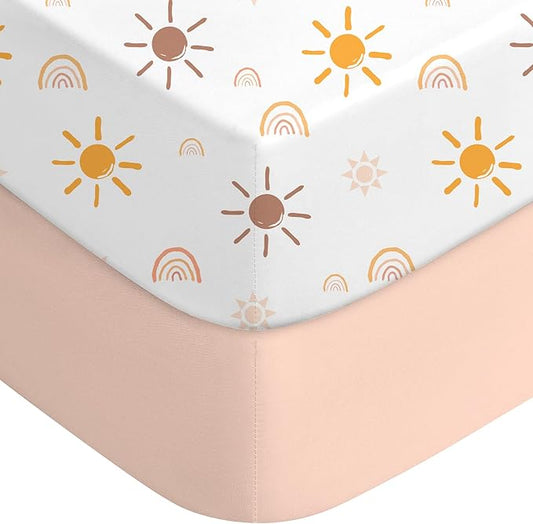 2 Pack Baby Crib Sheets for Girl, 52”x 28”x8” Mini Crib Sheets Fitted for Standard Crib and Toddler Mattress Soft Microfiber Baby Crib Bedding Set