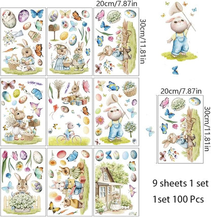 100 Pcs Easter Window Clings Easter Eggs Bunny Window Decorations Stickers for Glass Windows for Easter Window Decorations, 9 Sheets Bunny Decor for Kids Shcool Home (Family)