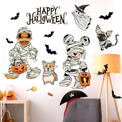 Mfault Happy Halloween Cartoon Mouse Duck Wall Decals Stickers, Spooky Mummy Cat Dog Ghost Decorations Bedroom Art, Funny Jack O Lantern Pumpkin Bat Home Kitchen Living Room Decor