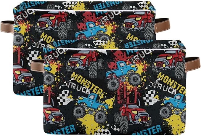 Monster Truck Black Red Blue Storage Basket Fabric Toy Baskets Racing Cars Boys Open Home Storage Bins Boxes Foldable Organizer Bag for Toy Book Shelf Closet Baskets 16×12×8 Inches