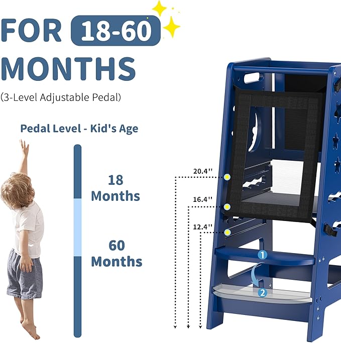 TOETOL Bamboo Learning Standing Helper Tower with Keeper - Navyblue Toddler Kitchen Counter Step Stool, 3-Height Adjustable Helper with Message Boards