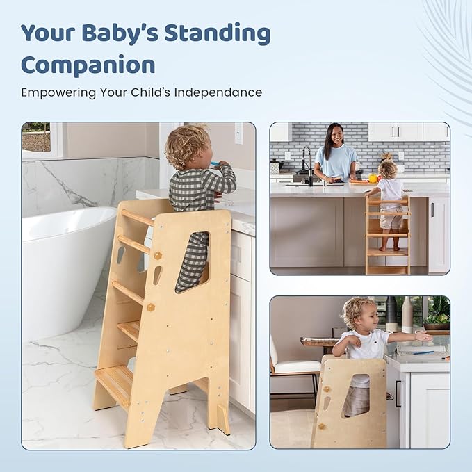 Toddler Standing Tower | Height Adjustable Step Stool for Kitchen Learning & Counter Help | Anti-Slip Baby Stand with Safety Rail & Feet | Montessori Learning Tower for Kids (Natural Varnished)