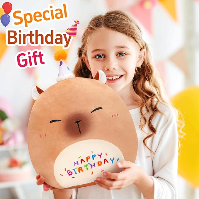 14'' Birthday Capybara Plush Pillow,Cute Capybara Stuffed Animal,Squish Capybara Happy Birthday Pillow,Kawaii Capybara Plushie Toys Birthday Gifts for Kids Toddlers Girls Boys Party Decor