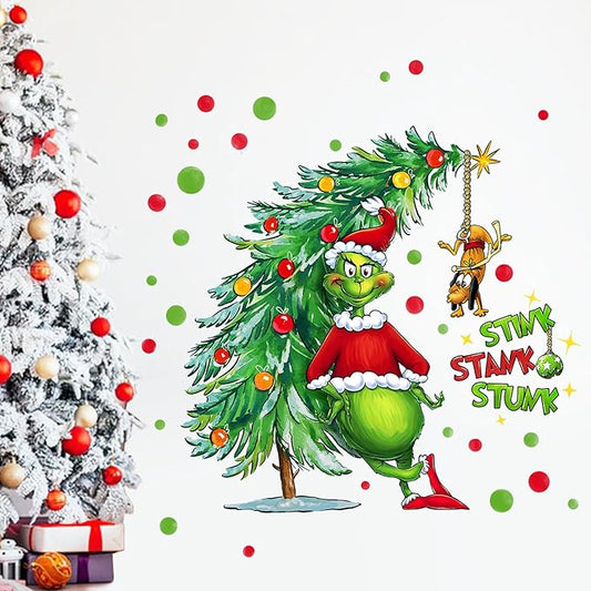 Yovkky Merry Christmas Wall Decals Stickers, Xmas Tree Max Dog 2025 New Year Bedroom Decor Home Kitchen Decorations, Winter Holiday Red Green Polka Dots Farmhouse Living Room Art Kids Boys Girls Gift