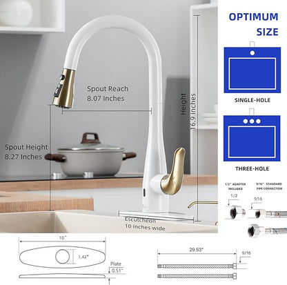 Touchless Kitchen Faucet with Soap Dispenser and Pull Down Sprayer - Single Handle Sensor Kitchen Sink Faucet, 1 or 3 Hole Design for Modern Farmhouse Kitchens, Rv, and Bar Sinks(Whit and Gold)