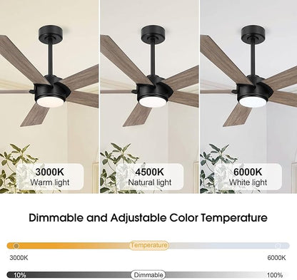 54" Ceiling Fan with Light and Remote Control, Modern Dimmable LED Light, 6-Speed Noiseless Reversible DC Motor, 5 Plywood Ceiling Fan for Kitchen Bedroom Living Room Black/Wood Color