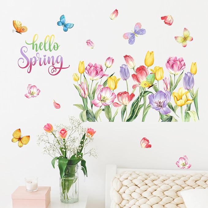 Mfault Hello Spring Wall Decals Stickers, Tulip Flower Butterfly Decorations Bedroom Art, Floral Seasonal Home Kitchen Decor Party Supplies