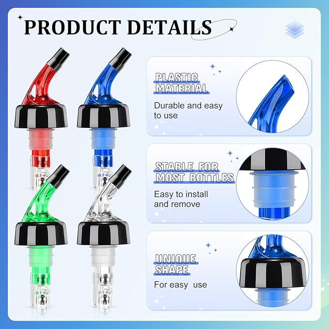 Automatic Measured Bottle Pourer Liquor Measure Pourer Quick Shot Dispenser 1.5 oz Measured Wine Pourers for Home Bar Kitchen Tools (White, Red, Blue, Green, 12 Pack)