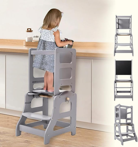 3 in 1 Toddler Tower, Children Step Stool Standing Tower for Kitchen with Adjustable Platform, Non-Slip Strips, Safety Rail (Gray)